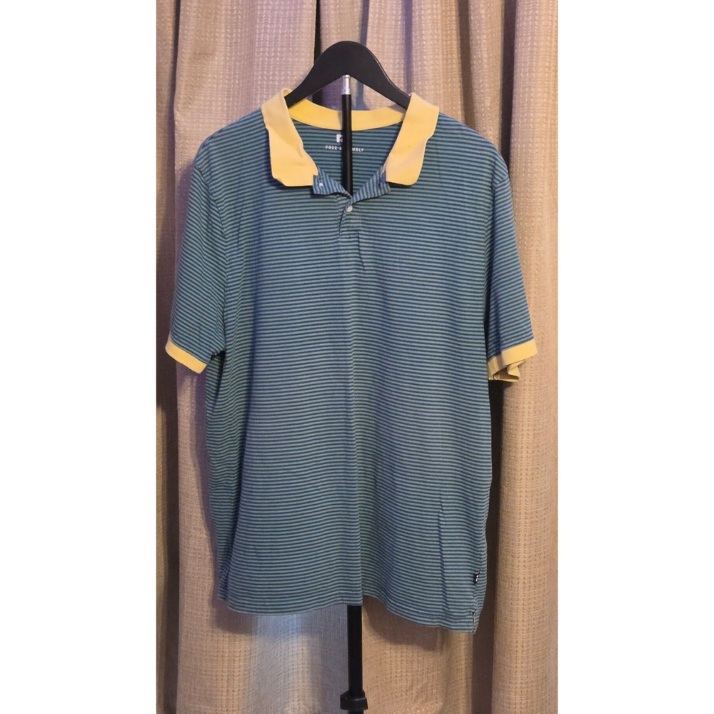 Free Assembly Blue Green Striped Polo Shirt Yellow Collar Cuffs Mens Size XL